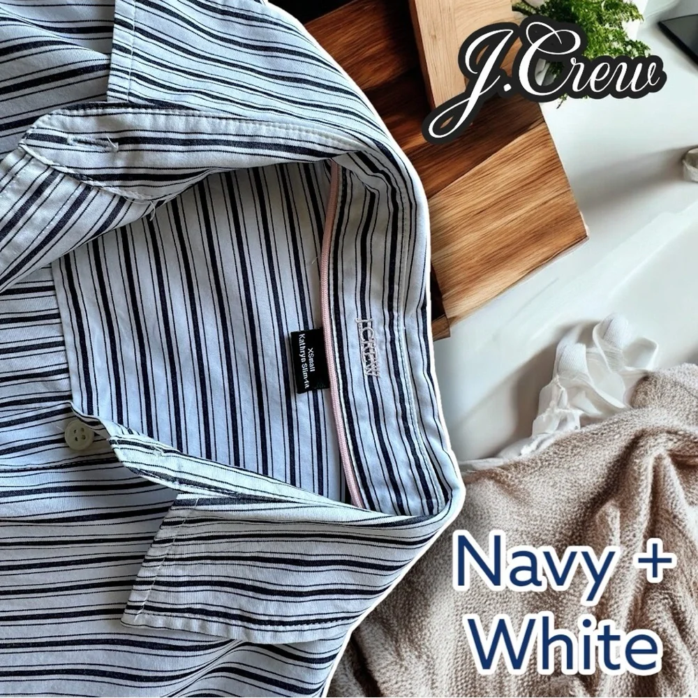 Like New 🌸 J Crew Navy and White Striped Button-Down Shirt Slim Fit, Kathryn Cut - Picture 10 of 17